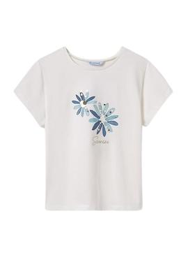 Camiseta Mayoral bordado flor branca para menina