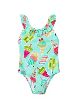 Fato de banho  Mayoral estampado  com babado de sorvetes para menina.