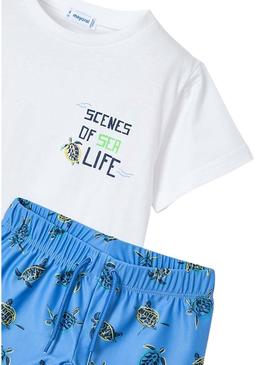Conjunto Mayoral de banho azul e camiseta para menino da marca  .