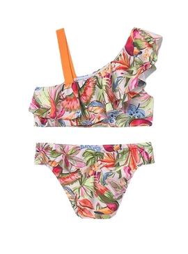 Biquíni Mayoral estampado com babado para menina.