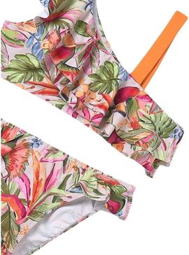 Biquíni Mayoral estampado com babado para menina.