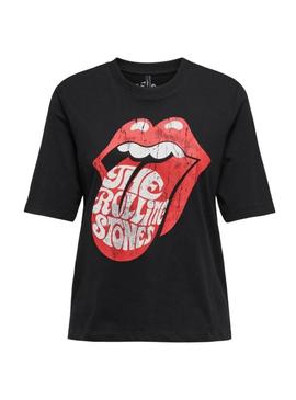 Camiseta Only língua Rolling Stones preta para mulher.