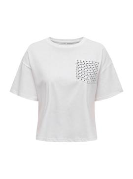 Camiseta Only Terza com bolso de tachuelas branco para mulher.
