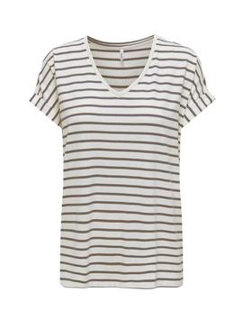Camiseta Only Moster decote em V listras verdes para mulher