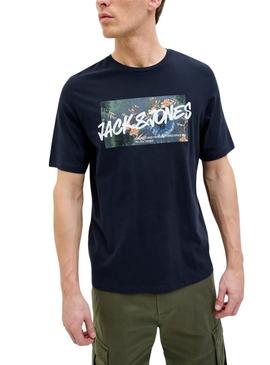 Camiseta Jack and Jones Hawaii Shape azul marinho para homem.