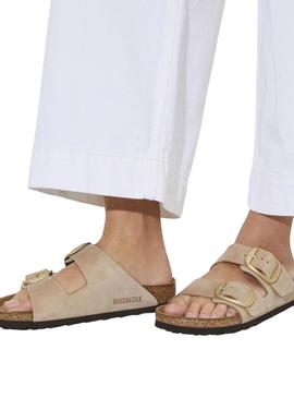 Sandálias Birkenstock Arizona Big Buckle bege para mulher.