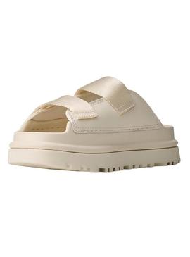 Sandálias UGG GoldenGlow Slide bege para meninas e meninos.