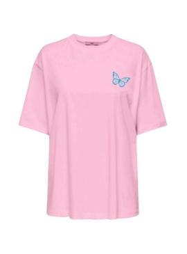 Camiseta Only Vivvi Buterfly rosa para mulher.