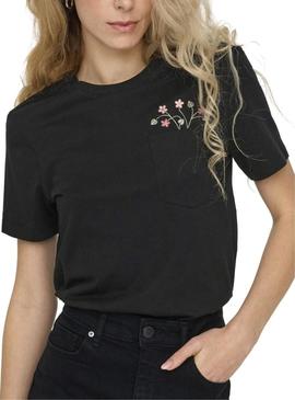Camiseta Only Polly bolso com flores preto para mulher.