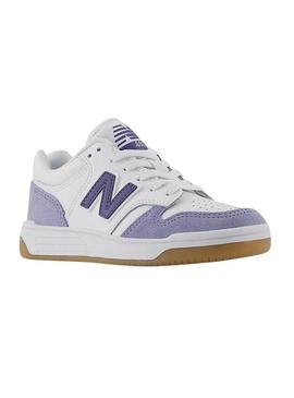 Ténis New Balance PSB480 branco e malva para crianças.