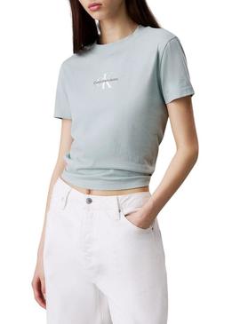 Camiseta Calvin Klein cortada azul com logotipo para mulher.