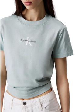 Camiseta Calvin Klein cortada azul com logotipo para mulher.
