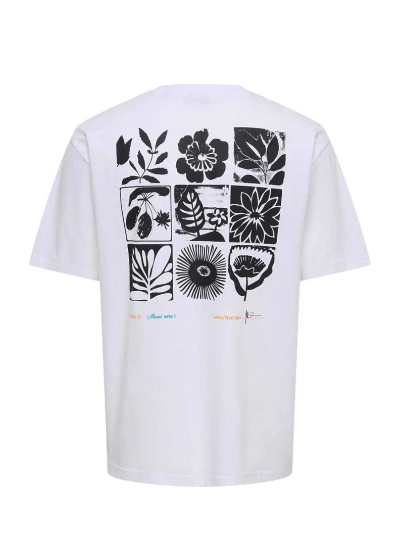 Camiseta Only and Sons Tristan Flores branca para homem.
