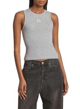Camiseta Calvin Klein Jeans Woven Label cinza para mulher.