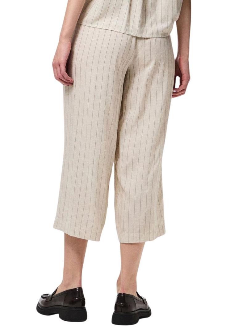 Calça culotte Pieces Pia listrada bege para mulher.
