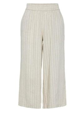 Calça culotte Pieces Pia listrada bege para mulher.