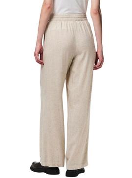 Calça Pieces Pia Wide bege para mulher.