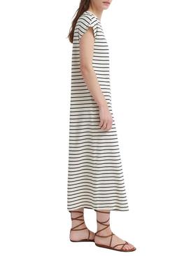 Vestido Vila Visinny bege estampado com listras pretas para mulher.
