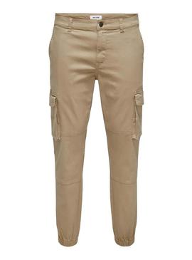Calça Only and Sons Carter cargo bege para homem.