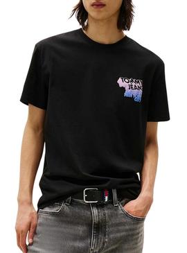 Camiseta Tommy Jeans Stack Backprint preta para homem.