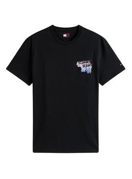 Camiseta Tommy Jeans Stack Backprint preta para homem.