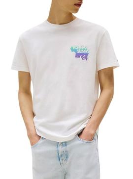 Camiseta Tommy Jeans Stack Backprint branca para homem.