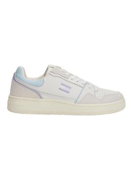 Sapatilhas Tommy Jeans Retro Basket branco e lilás para mulher.