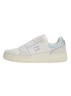 Sapatilhas Tommy Jeans Retro Basket branco e lilás para mulher.