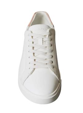 Tênis Calvin Klein Jeans Low Pro Cups branco e rosa para mulher.
