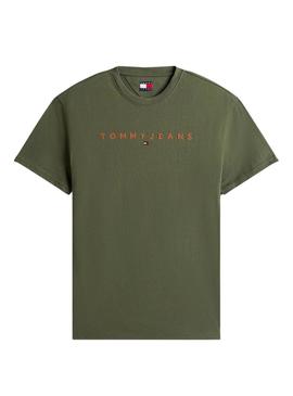 Camiseta Tommy Jeans Linear Logo verde para homem.