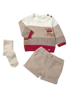 Conjunto Mayoral 3 peças bermuda bege bebê