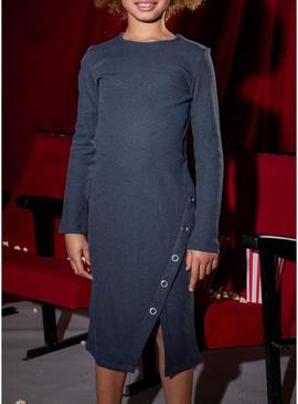 Vestido Mayoral midi em malha canelada marinho para menina.