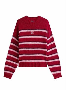 Retorna apenas a tradução para o português: Jersey Tommy Jeans Fluffy vermelho listrado para mulher.