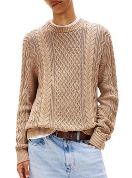 Camisola Tommy Jeans Cable bege para homem.