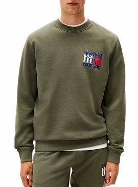 Moletom Tommy Jeans Crew Flag verde para homem