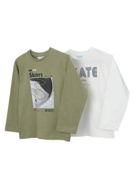 Conjunto de 2 camisetas Mayoral skate verde branco menino.