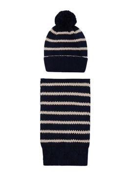 Conjunto Mayoral gorro e cachecol listrados azul marinho menina
