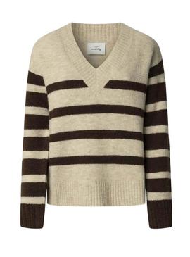 Camisola Pepe Jeans Cecil com decote em V e estampa de listras para mulher