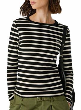 Camiseta Pepe Jeans Bani em listras de malha canelada preta para mulher.