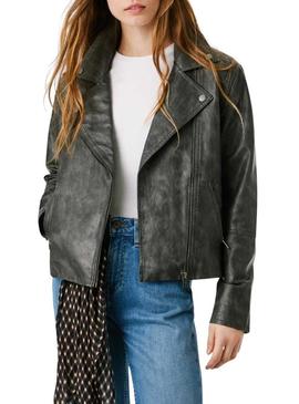 Jaqueta biker Pepe Jeans Stacy em pele preta para mulher.
