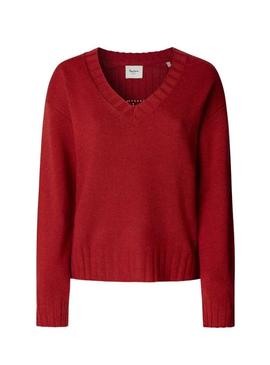 Camisola Pepe Jeans Cherice com decote em V vermelho para mulher.