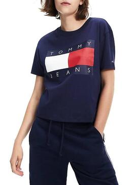 T-Shirt Tommy Jeans Flag Azul Marinho Para Mulher