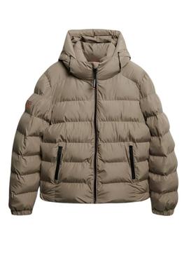Camisa acolchoada Superdry Hooded Sports Puffer bege para homem.