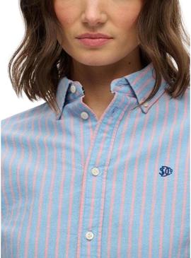 Camisa Superdry slim Oxford listrada azul para mulher.