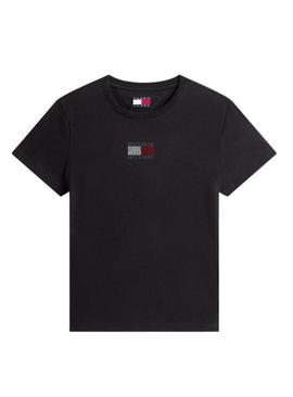 Camiseta Tommy Jeans Party Flag preta para mulher.