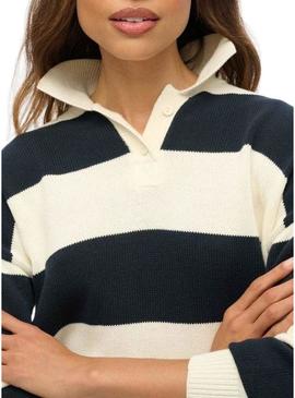 Camisola Superdry Listrada de Rugby Desleixada Marinha e Bege para Mulher.