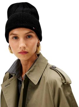 Touca de lã Tommy Hilfiger Fluffy preta para mulher