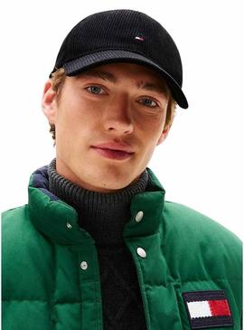 Boné Tommy Hilfiger Flag em veludo cotelê preto para homem.