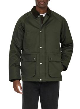 Jaqueta Only and Sons Bob encerada verde para homem.