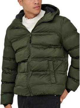 Casaco acolchoado com capuz verde Only and Sons Union para homem.